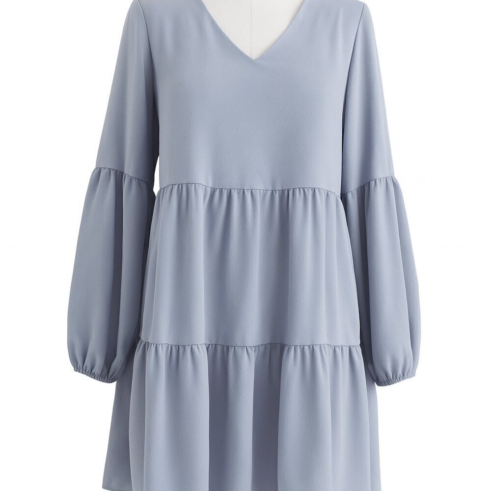 Boho Chic Blue Tiered Long Sleeve V-Neck Tunic Dress - NIB - Size L